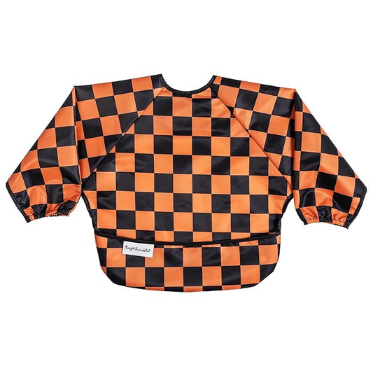 Tiny Twinkle Mess Proof Baby Bib,Waterproof Smock Baby Bib for Eating,Machine Washable Long Sleeve Bib,Baby Led Weaning,Toddler Bib,BLW Supplies(Orange,Black Checkers, Small 6-24 Months)