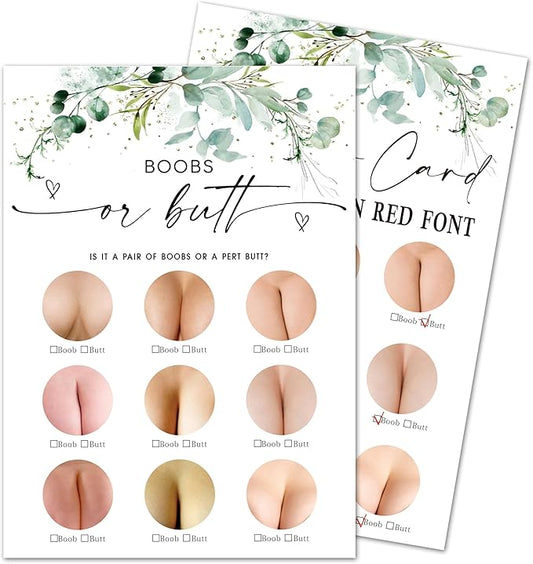 Greenery Baby Shower Game Cards - Set of 30 Boobs Or Butt - Double Sided Print Baby Announcement Gender Reveal Game Card For Parents To Be - Baby Shower Party Activities Supplies - A10