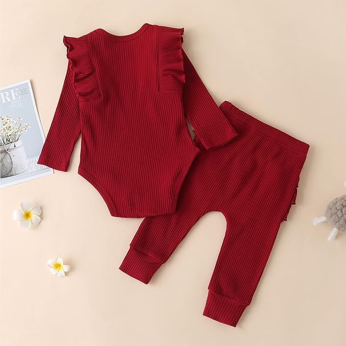 Fullfamous Baby Girl's 3pc Rib Frill Long Sleeve Romper and Pant Set