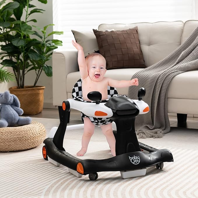 BABY JOY 2 in 1 Baby Walker, Foldable Activity Walker with Adjustable Height & Speed, Music, Lights, Mirrors, Padded Seat Cushion, Activity Baby Push Walker for Toddler Boys Girls, Ages 6-18 Months