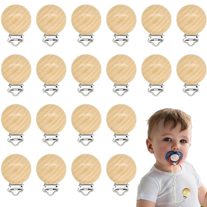 20 Pieces Wood Pacifier Clips Teething Grasping Toy Suspender Clips Natural Beech Wood Pacifier Clip Holder Charm DIY Pacifier Clips Chain Accessories