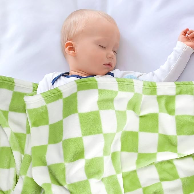 Plush Checkered Baby Blanket for Boys Girls Nursery, 30"*40" Warm Short Fleece Blanket Neutral for Infant Newborn, Small Fuzzy for Sleeping, Chenille or Stroller (Wine Green&White)