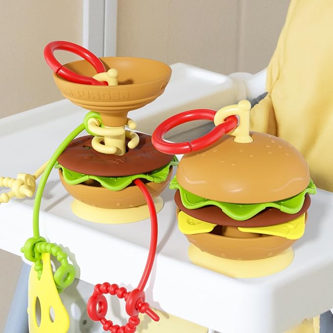 Hamburger Suction Cup Toys Holder for High Chair, Stroller Baby Toys 6-12 Months & Toddlers, 3 Tethers Keep from Falling, Great for Restaurant & Car Seat Airplane Travel