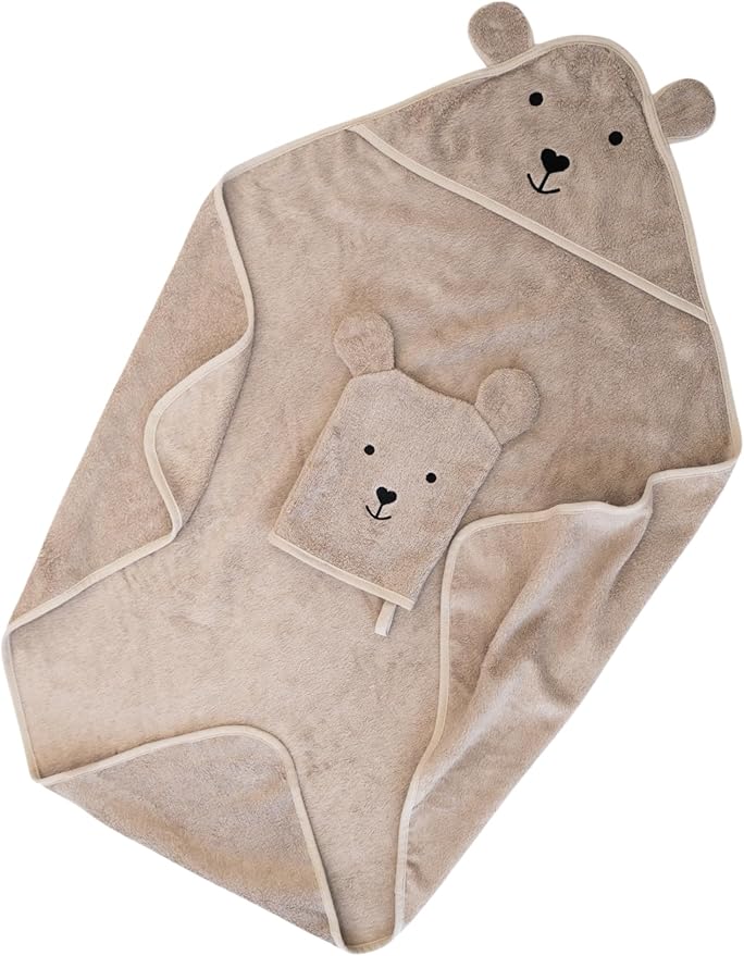 Hooded Baby Towel with Mitt - Ultra Soft Plush Bath Essential for Newborn, Infant & Toddler - Premium 30x30 Inch Large Absorbent Baby Bath Towels with Hood for Boys & Girls (Cuddly Bear)
