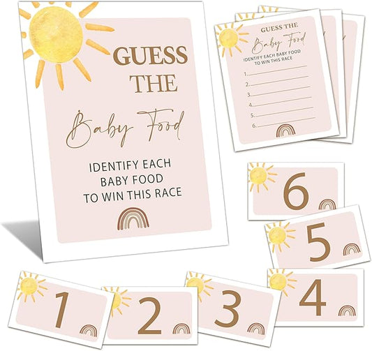 Guess the Baby Food Game Shower, 8x10 Inches Sign 25 Answer Cards and 6 Number Cards, Boho Sunshine Shower Party Decorations Supplies Favors - E04