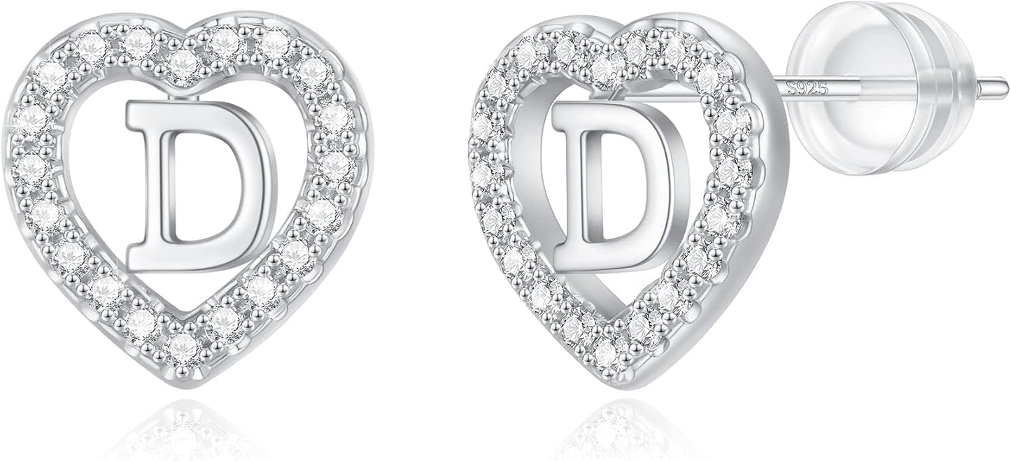 Initial Heart Earrings for Girls, Sterling Silver Post Silver/Rose Gold Heart Initial Stud Earrings for Little Girls Kids Baby Earrings Non Tarnish Hypoallergenic Earrings for Teen Girls Gifts Jewelry