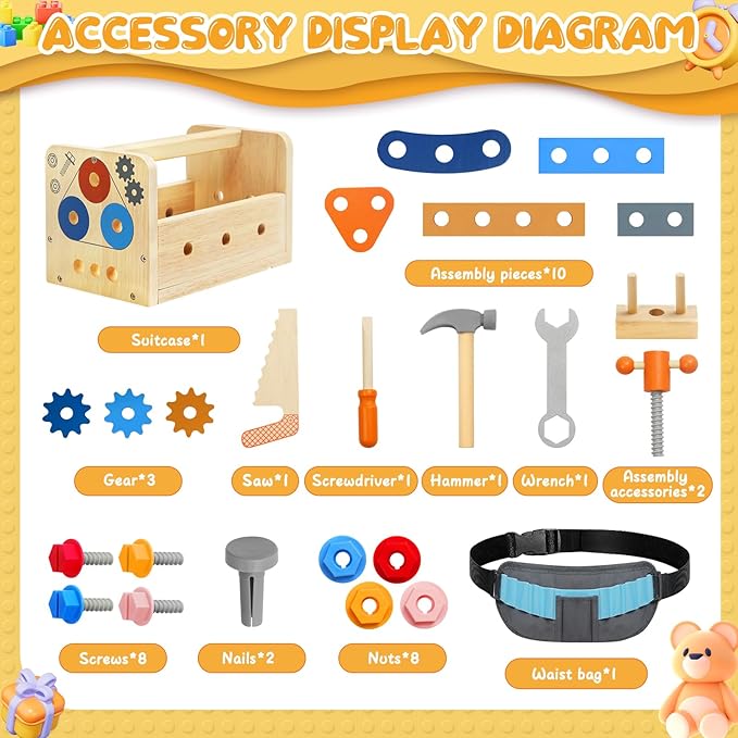 Myfolrena Kids Tool Set With Belt - Wooden Pretend Play Tools for Toddlers Ages 2-5 - Learning Stem Montessori Toys
