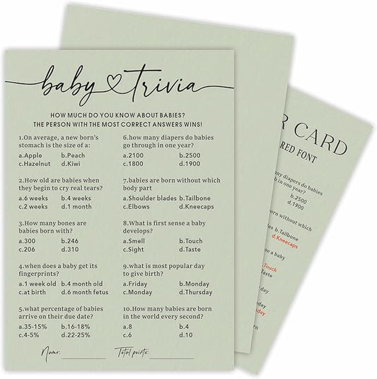 Baby Trivia Baby Shower Game Cards With Answer Card, Sage Green & Double-Sided Design, 30 Gender Neutral Game Cards For New Parents, Baby Shower Party, Baby Announcement, Party Favor & Decor - C12