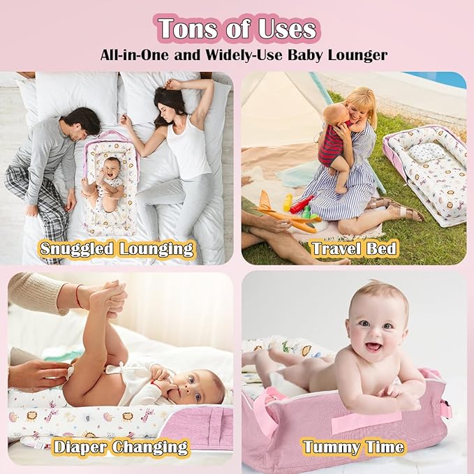 Baby Lounger for Newborn, Huggynest Portable Infant Lounger for 0-12 Months Newborn, Home Travel Dual-Purpose Baby Nest (Animal World Pink)