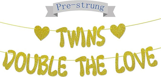 Twins Double The Love Gold Glitter Banner, NO-DIY,Twins Baby Shower/Twins Birthday Party Decorations