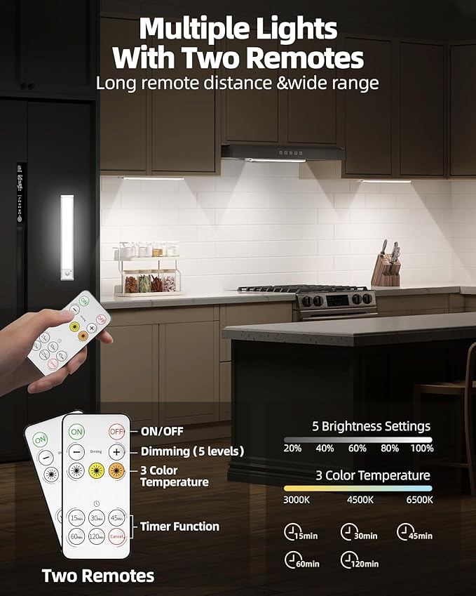 4-Pack Under Cabinet Lighting Wireless,LED Rechargeable Motion Sensor Light Indoor Battery Operated,3 Color Temps&Dimmable Closet Lights with Remote,Under Counter Lights for Kitchen Stairs