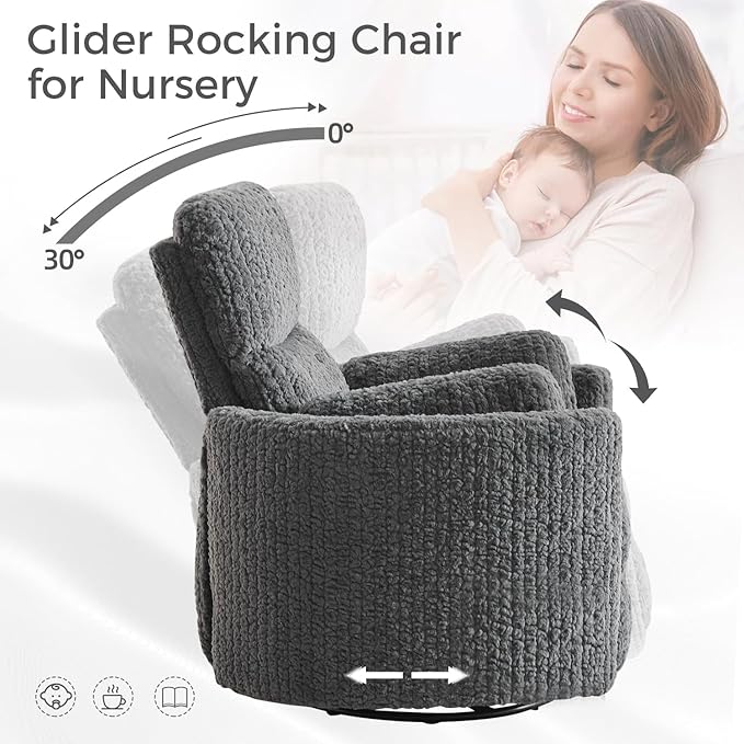 Power Swivel Glider Rocking Recliner Nursery Chair with 2 Pillows, Electric Rocker Reclining Chairs with Type-C & USB Charger Port for Living Room, High Back Barrel Armchair for Bedroom, Grey