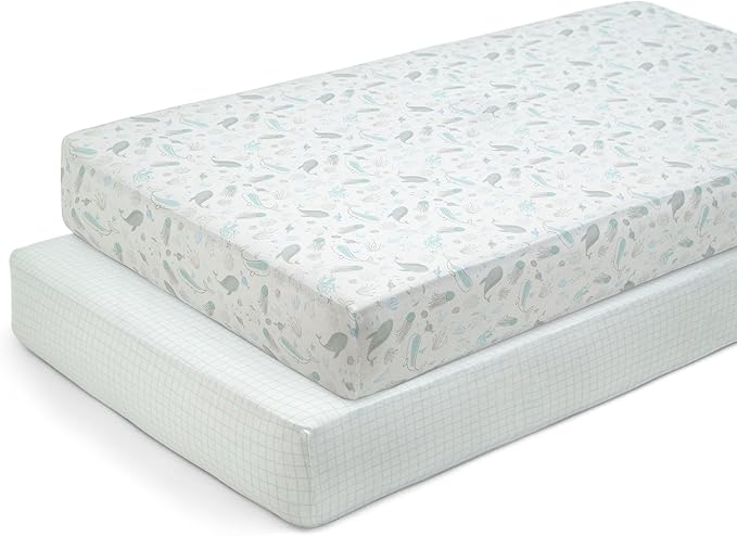 Delta Children Fitted Crib Sheets for Girls and Boys - 100% Organic Cotton Crib Sheet for Standard Crib and Toddler Mattresses - 28x52 Inch- GOTS Certified (Pack of 2), Sea Life