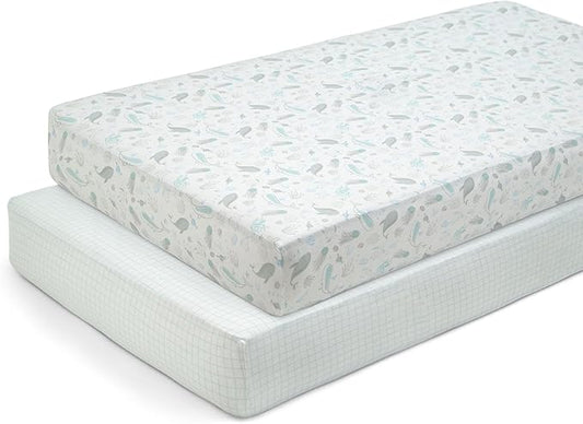 Delta Children Fitted Crib Sheets for Girls and Boys - 100% Organic Cotton Crib Sheet for Standard Crib and Toddler Mattresses - 28x52 Inch- GOTS Certified (Pack of 2), Sea Life