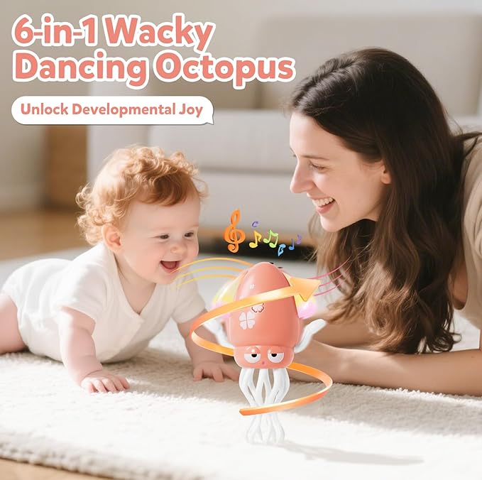 Dancing Octopus Baby Girl Toys, Pink Electric Crawling Squid Infant Tummy Time Toy with Light & Music, Interactive Sensory Toy for Toddlers & Kids (Ages 0-6+), Birthday Gift for 6 12 18 24 36+ Months