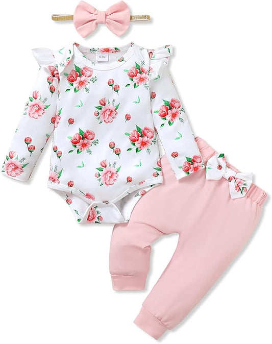 YALLET Baby Girl Clothes Newborn Infant Girl Outfits Floral Romper+Pants+Headband Fall Baby Layettes for Clothing 0-18 Months