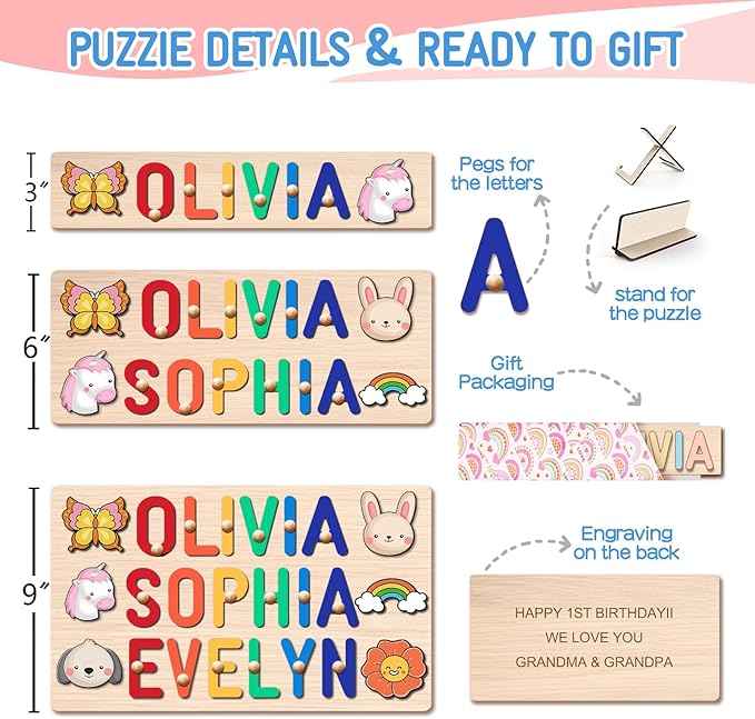 Name Puzzles for Toddlers 1-3, Personalized Wooden Name Puzzle, Custom Baby Birthday, Baby Montessori Learning Toys for 1-3 Year Old