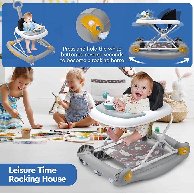 4 in 1 Baby Walker with Wheels, Adjustable Height, Music, Lights, Rocker Mode, Activity Walker and Bouncer Combo for Boys & Girls 6-24 Months
