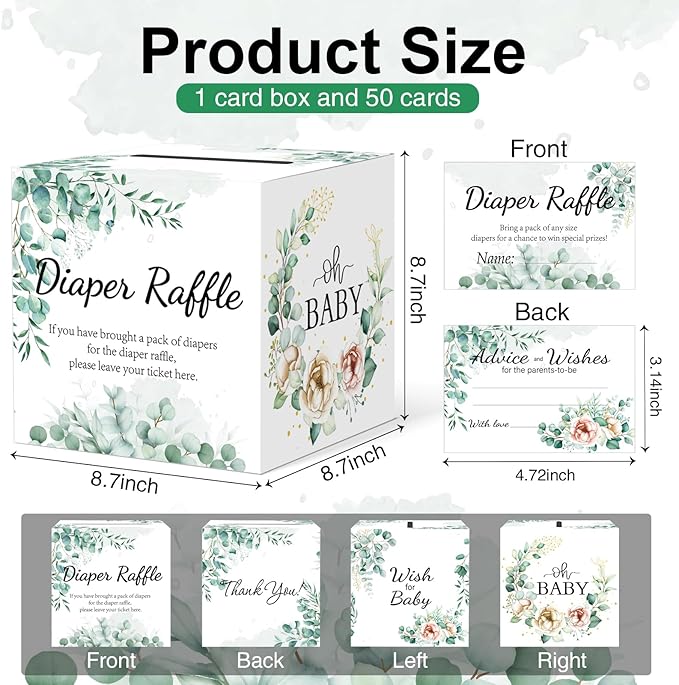 Baby Shower Games, Greenery Diaper Raffle Box for Baby Shower, 50 PCS Diaper Raffle Tickets Card Box with Advice and Wishes for the Parents-to-be, Baby Shower Decorations, Diaper Raffle Sign