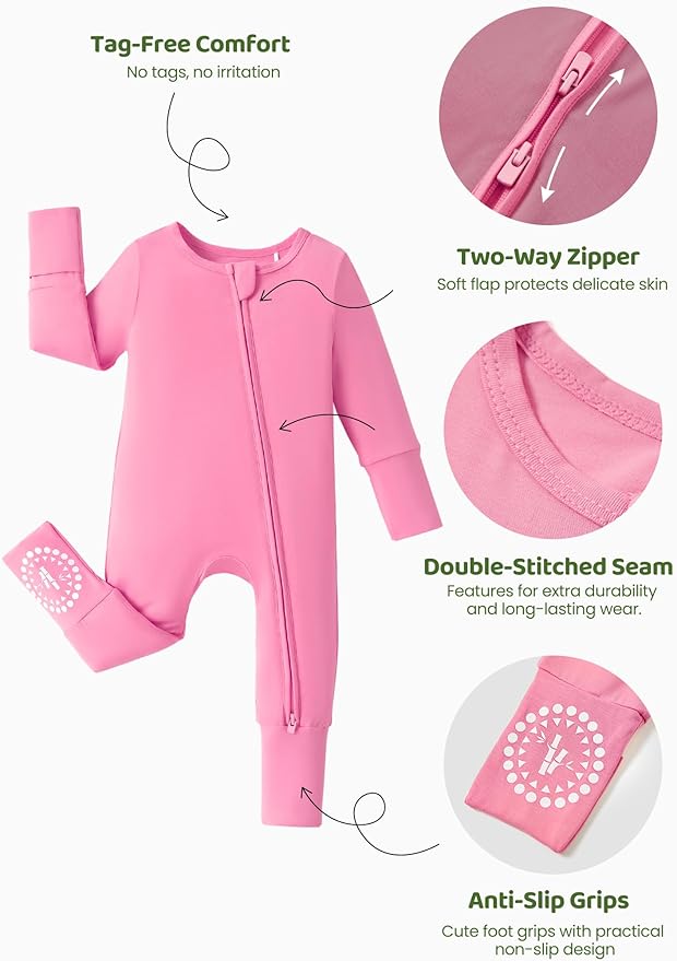 PATPAT Baby Footies Boys Girls - Bamboo Viscose - Zipper & Non-Slip Soles Romper Mitten - Footed & Footless Infant Clothes