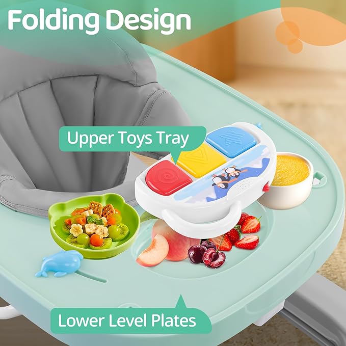 Foldable Baby Walker with Wheels, 3 Height Settings, 4-in-1 Activity Center for 6-18 Months with Tray, Music & Removable Footrest