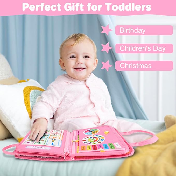 Toddler Busy Board Montessori Toys, Sensory Toys for 1 2 3 4 Year Old Girl, Busy Book Travel Educational Activities for Learning Fine Motor Skills Birthday Gifts (Pink Unicorn/P10)