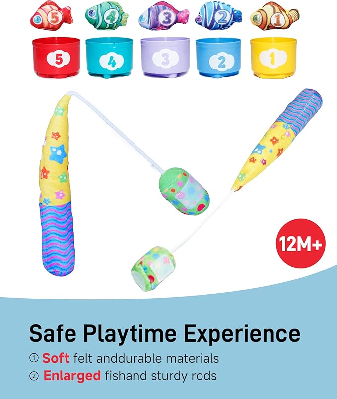 Infinno Count Learning Montessori Toys - for Babies & Toddlers 1-3 Year Old with 15 Numbered Fish & 5 Cups & 2 Fishing Rods- Sorting,Stacking,Counting