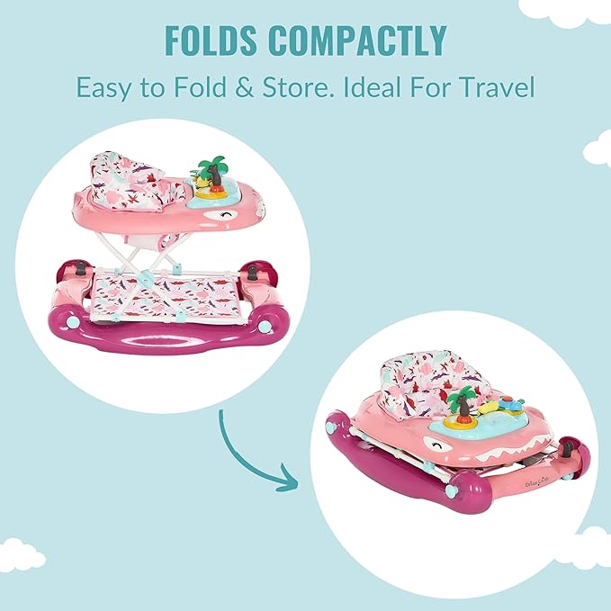 Dream On Me Baby Steps Baby Walker in Pink, Adjustable Three Position Height Setting, Removable Tray, Easy to Fold and Store Baby Walker