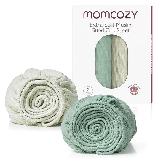 Momcozy Muslin Fitted Mini Crib Sheets, 38"x26", 2 Pack Soft Breathable Natural Cotton Baby Mattress Sheet, 360° Mattress Wrapping No Slip Boys Girls Neutral Toddler Bed Sheet, Grey Green