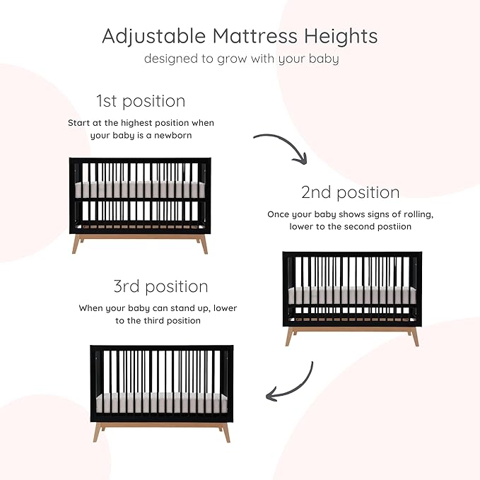 dadada Baby Soho 3 in 1 Convertible Wooden Crib to Toddler Bed - Made in Italy, GREENGUARD Gold Certified, Baby-Safe Finish, Sustainable Beech Wood, Modern Design, 3 Adjustable Heights (Black/Natural)