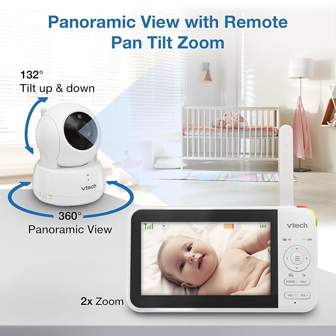 VTech VM924 Remote Pan-Tilt-Zoom Video Baby Monitor, 5" LCD Screen, Up to 17 Hrs Video Streaming, Night Vision, Up to 1000ft Range, Soothing Sounds, 2-Way Talk, Temperature Sensor,Secured Transmission