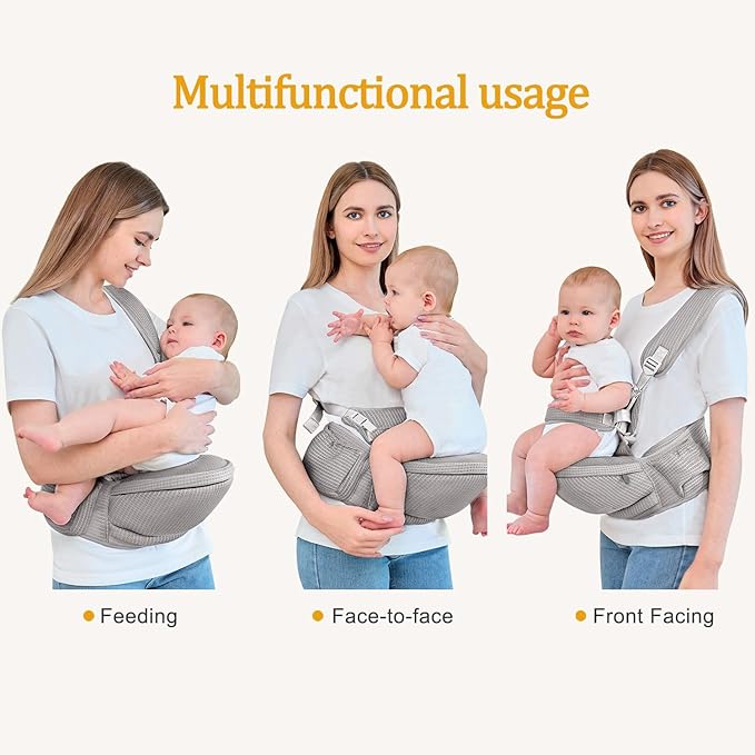 Baby Hip Carrier - Hip Carrier for Baby with Baby Safety Strap - Toddler Carrier 7-45 lbs - Ergonomic Infant Holder Baby Carrier with Hip Seat Large Capacity Pockets（Light Grey）