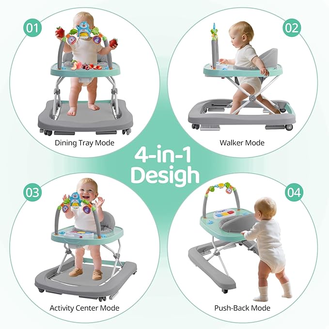 Foldable Baby Walker with Wheels, 3 Height Settings, 4-in-1 Activity Center for 6-18 Months with Tray, Music & Removable Footrest
