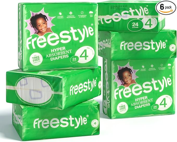 Freestyle BambooTek Diapers – (Size 4) Hyper Absorbent & Non-Toxic – Disposable Diapers for Sensitive Skin – Ultra Soft Diapers (22-37 lbs) – 144 Count