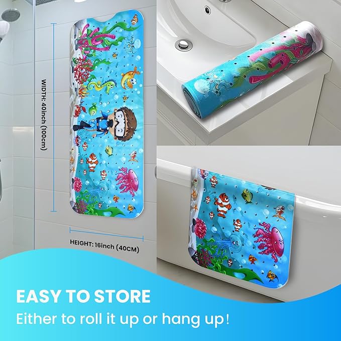 Linoows Baby Bath Tub Mat, Extra Large Non Slip Kids Cartoon Bathtub Shower Mats with Suction Cups & Drain Holes, Machine Washable for Bathroom, 40 x 16 Inch, Undersea-Diver