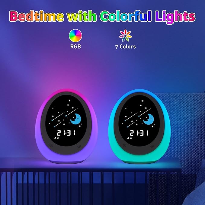 Kids Alarm Clock, Toddler Sleep Training Clock with Sun & Moon, Sound Machine, Night Light, Ok to Wake Alarm Clock for Children