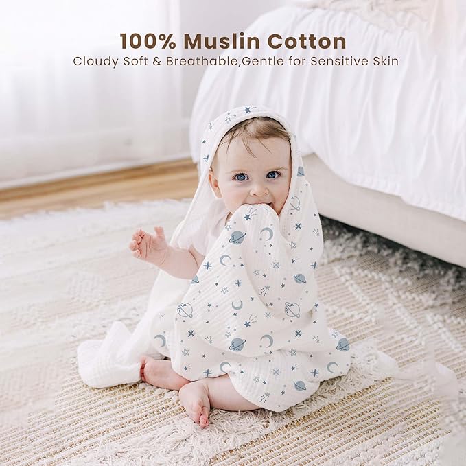 Konssy 2-Pack Muslin Hooded Baby Towels, 100% Cotton, Ultra-Soft & Absorbent Baby Bath Towels with Hood for Newborn & Infant (Blue, Star,30" x 30")