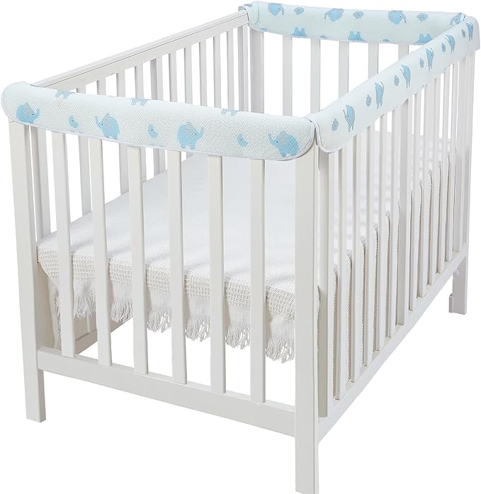 3 in 1 Crib Rail Covers for Teething,Soft Breathable Anti-Collision Crib Teething Rail Cover Edge Protector Strip（2025 New） (White-elepants)