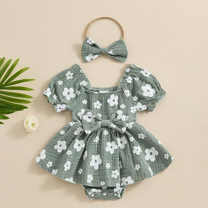 Baby Girls Floral Cotton Leotard Romper Newborn Daisy Playsuits Ruffled Sleeve Onesie Infant Jumpsuit Clothes Headband