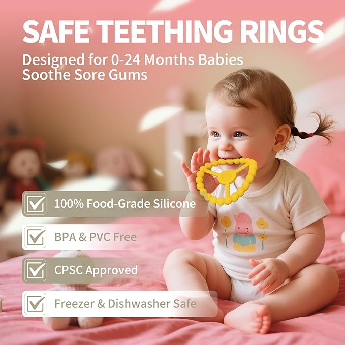Baby Toys 6-12 Months, 3 Pack Silicone Teething Rings for Babies 0-6 months, Freezer Safe Ring Teethers 12-18 Months Essentials, Infant Teething Relief, Newborn Girl Easter Gifts (Lavender Yellow Red)