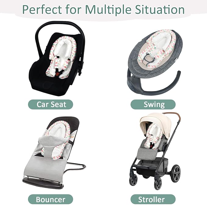 SWESEN Baby Car Seat Head Support, Super Soft 2 in 1 Infant Car Seat Insert, Reversible Newborn Car Seat Insert Cushion with Strap Covers for Strollers, Bouncers, Swing, Dinosaur
