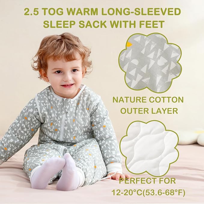 Super Soft Removable Long Sleeve 2.5 TOG Sleep Sack with Legs, 100% Cotton Winter Toddler Sleeping Sack with Feet, Graphic, Size L