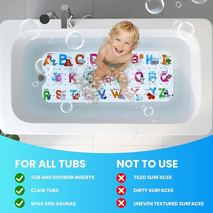 Linoows Baby Bath Tub Mat, Extra Large Non Slip Kids Cartoon Bathtub Shower Mats with Suction Cups & Drain Holes, Machine Washable for Bathroom, 40 x 16 Inch, Alphabet Animals Pattern