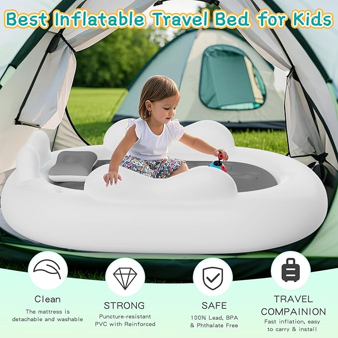 Inflatable Toddler Travel Bed with 3-Sides Blow Up Mattress for Kids Portable Baby Air Mattress with Electric Pump for Home Use, Camping-Grey