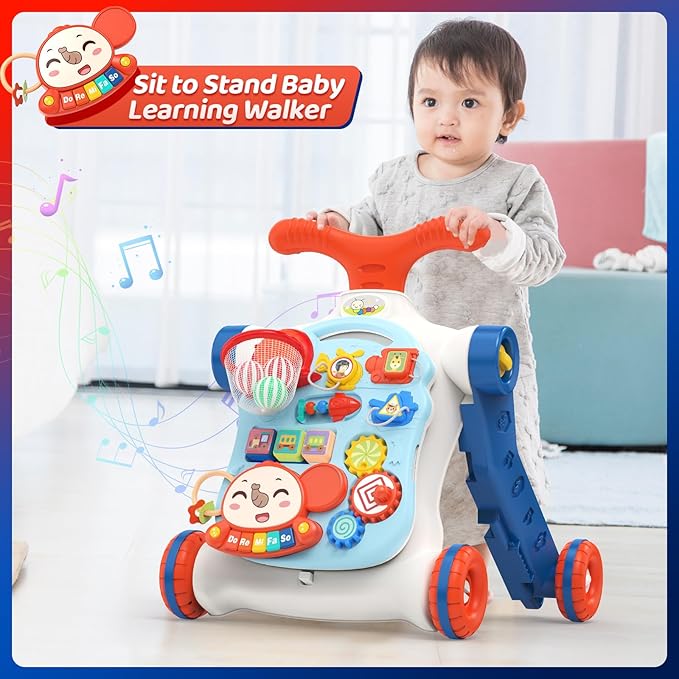 CUTE STONE 5 in 1 Walker for Baby Boy, Sit to Stand Push Walker with Activity Center Learning to Walk, Early Push Walking Toys Gift for Toddler Infant Blue