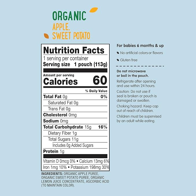 Amazon Brand - Mama Bear gluten free Organic Baby Food, Stage 2, Apple, Sweet Potato, 4 ounce (Pack of 12)