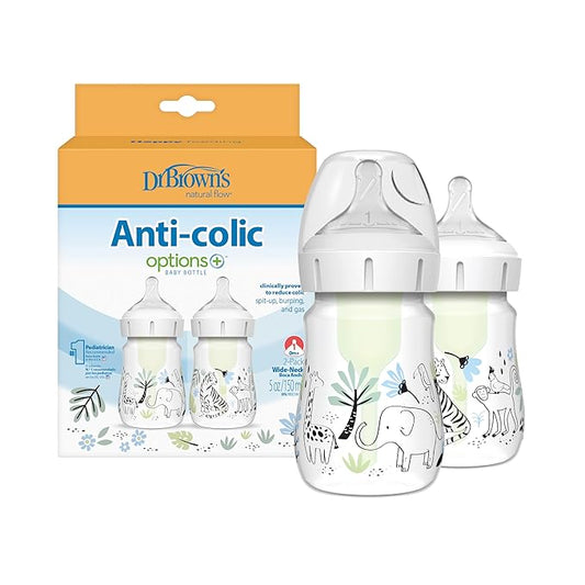 Dr. Brown’s Natural Flow Anti-Colic Options+ Wide-Neck Baby Bottle Designer Edition Bottles, Jungle Decos, 5 oz/150 mL, Level 1 Nipple, 2-Pack, 0m+