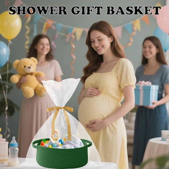 Gift Basket with Gift Bag and Ribbons,Small Rope Woven Shelf Storage,Baskets for Gifts Empty,Birthday,Shower,Decorative Organizer Box for Cat Dog Pet with Handles(Green)