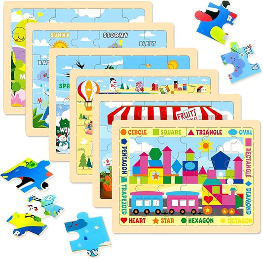 Wooden Puzzles for Kids, 6 Packs 24Pcs Wooden Number Shape Seasons Toddler Jigsaw Puzzles, Preschool Educational Learning Toys Gifts for Boys and Girls 2 3 4 5 6 Year Old