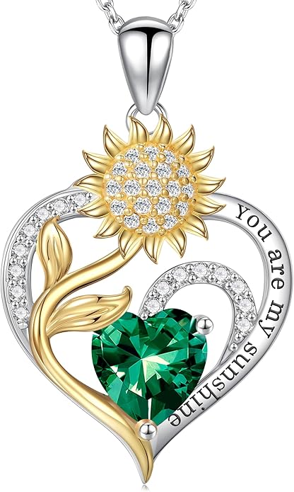 Iefil Sunflower Gifts for Women - Sunflower Necklace Heart Pendant Birthstone Necklace for Women Anniversary Birthday Gifts for Wife You Are My Sunshine 925 Sterling Silver Jewelry for Wife Mom